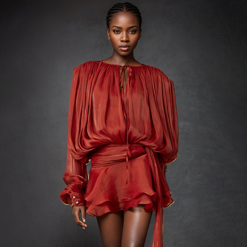 Puff Sleeve Lotus Leaf dress Early Spring Pleated Design Short Mesh Dress Women by Ragazza