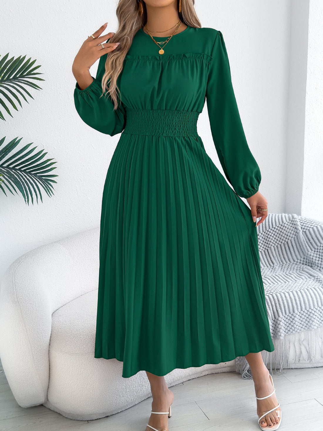 Women Clothing Spring Summer Elegant Wooden Ear Long Sleeved Waist Pleated Dress by Ragazza