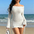 Women French Entry Lux off Shoulder Knitted Seaside Vacation Solid Color Hollow Out Cutout out Long Sleeve Hip Dress Drawstring Slim Blouse by Ragazza