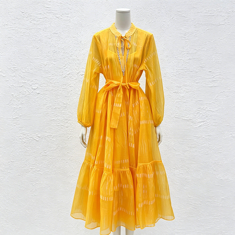 Artistic Retro Dress Autumn Nipped Waist Plaid Contrast Color Elegant High Grade Dress Women  DestGlow