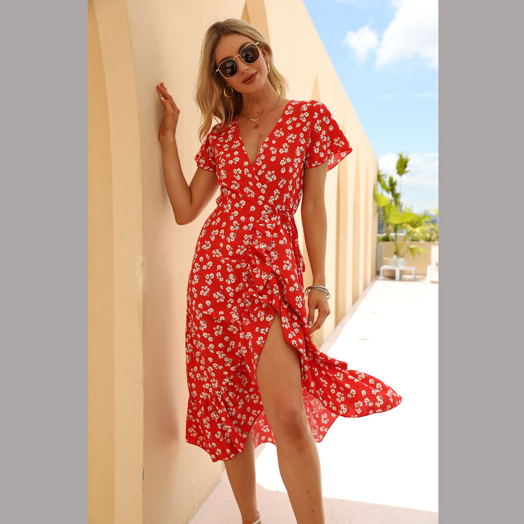 Summer Sexy Chiffon Printed V-neck Dress Ruffled Beach Dress by Ragazza