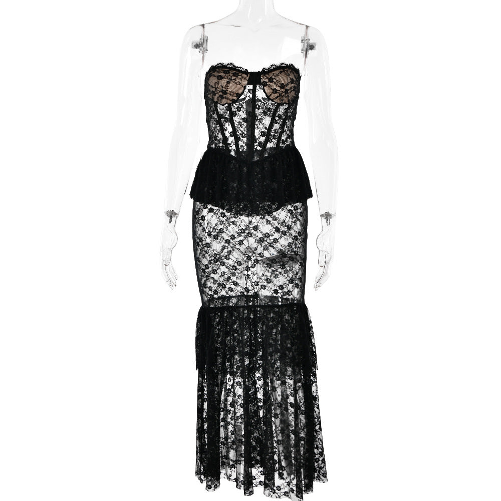 Autumn Winter Lace See through Tube Top Fishtail Dress Sexy Tight Sexy Night Club Long Dress by Ragazza