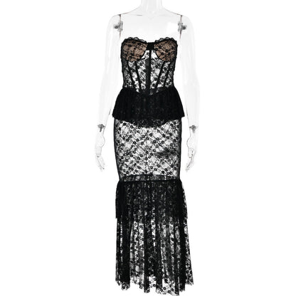 Autumn Winter Lace See through Tube Top Fishtail Dress Sexy Tight Sexy Night Club Long Dress by Ragazza