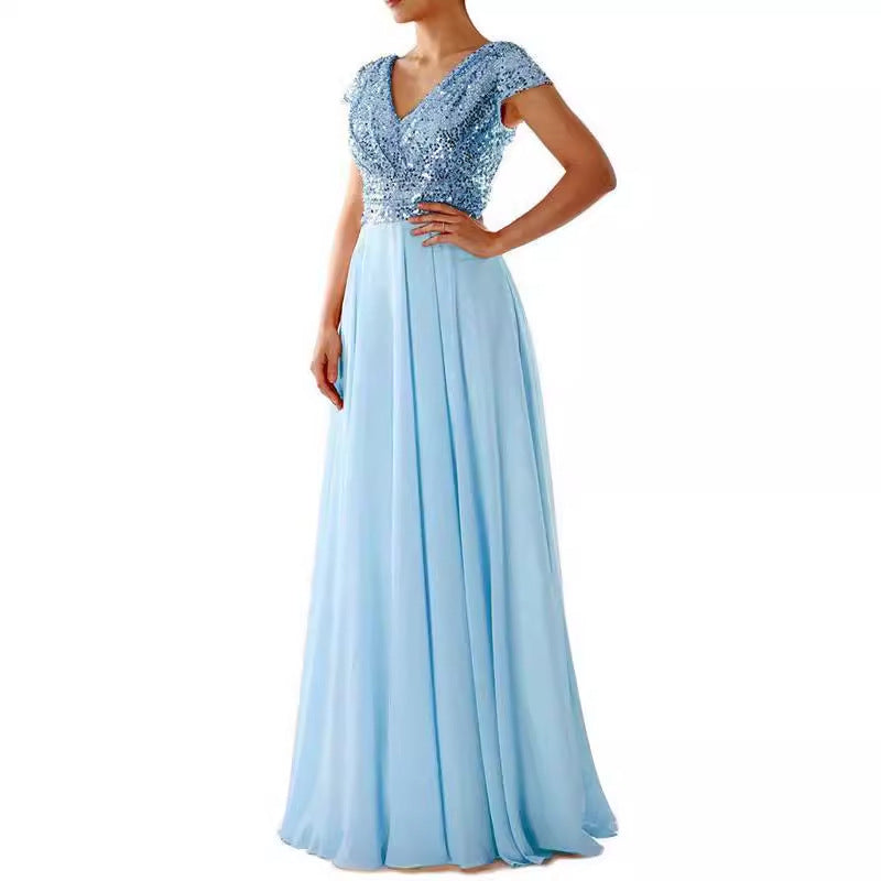 Summer Dress V neck Sequ Chiffon Stitching Evening Maxi Dress by Ragazza