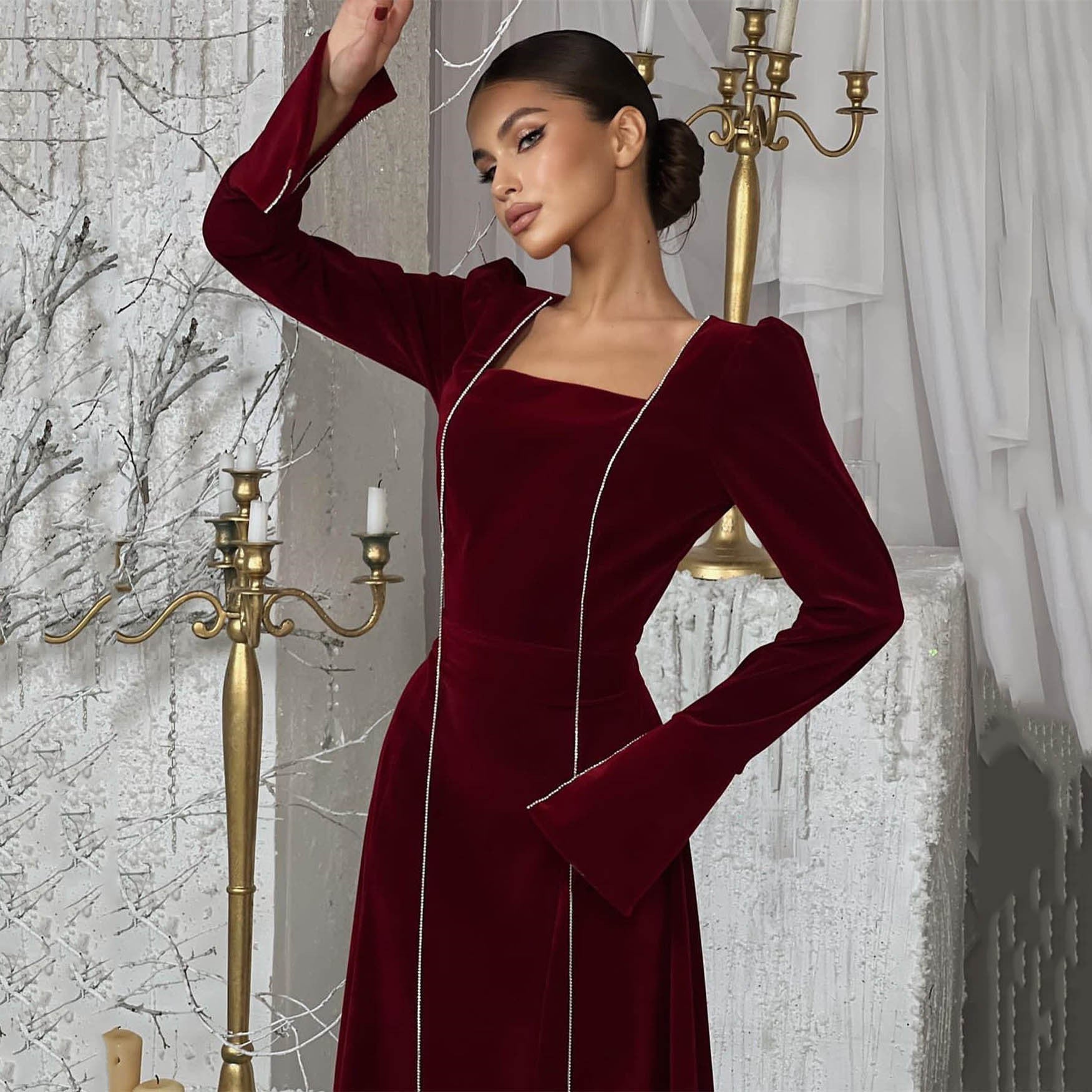 Autumn Winter Party Dress French Ladies Dress Korean Velvet Bell Sleeve Square Collar A line Dress Women by Ragazza