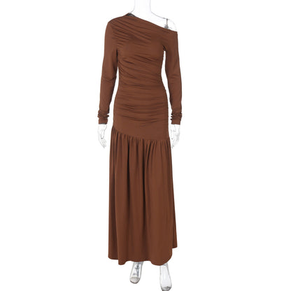 Women Clothing Autumn Solid Color One Shoulder Cold Shoulder Long Sleeve Stitching Dress by Ragazza