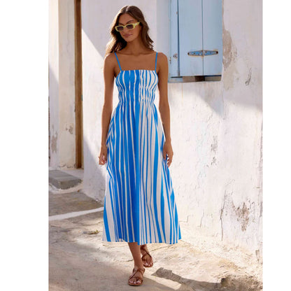 Spring Summer off Neck Striped Waist Trimming Printing Vacation Mid Length Dress by Ragazza
