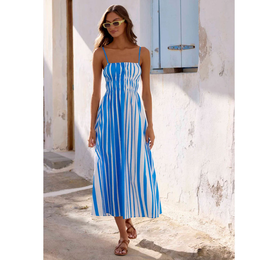 Spring Summer off Neck Striped Waist Trimming Printing Vacation Mid Length Dress by Ragazza