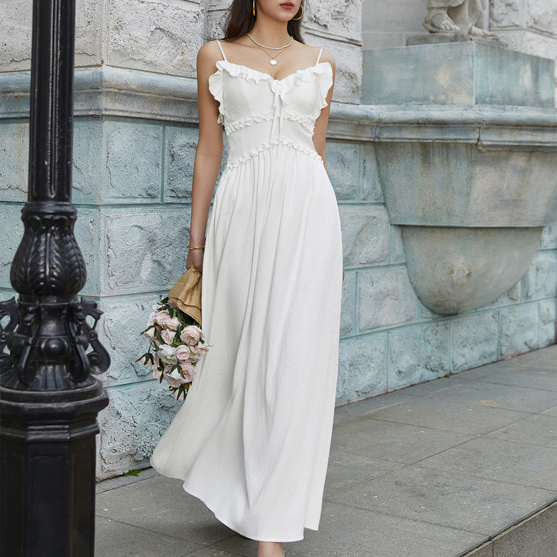 Summer Cool Ice Velvet Crepe Fabric Cami Dress Sexy V neck Flounce Decoration Slim Fit Maxi Dress  DestGlow