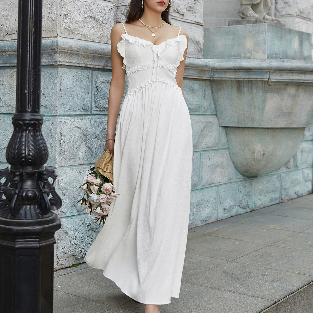 Summer Cool Ice Velvet Crepe Fabric Cami Dress Sexy V neck Flounce Decoration Slim Fit Maxi Dress  DestGlow