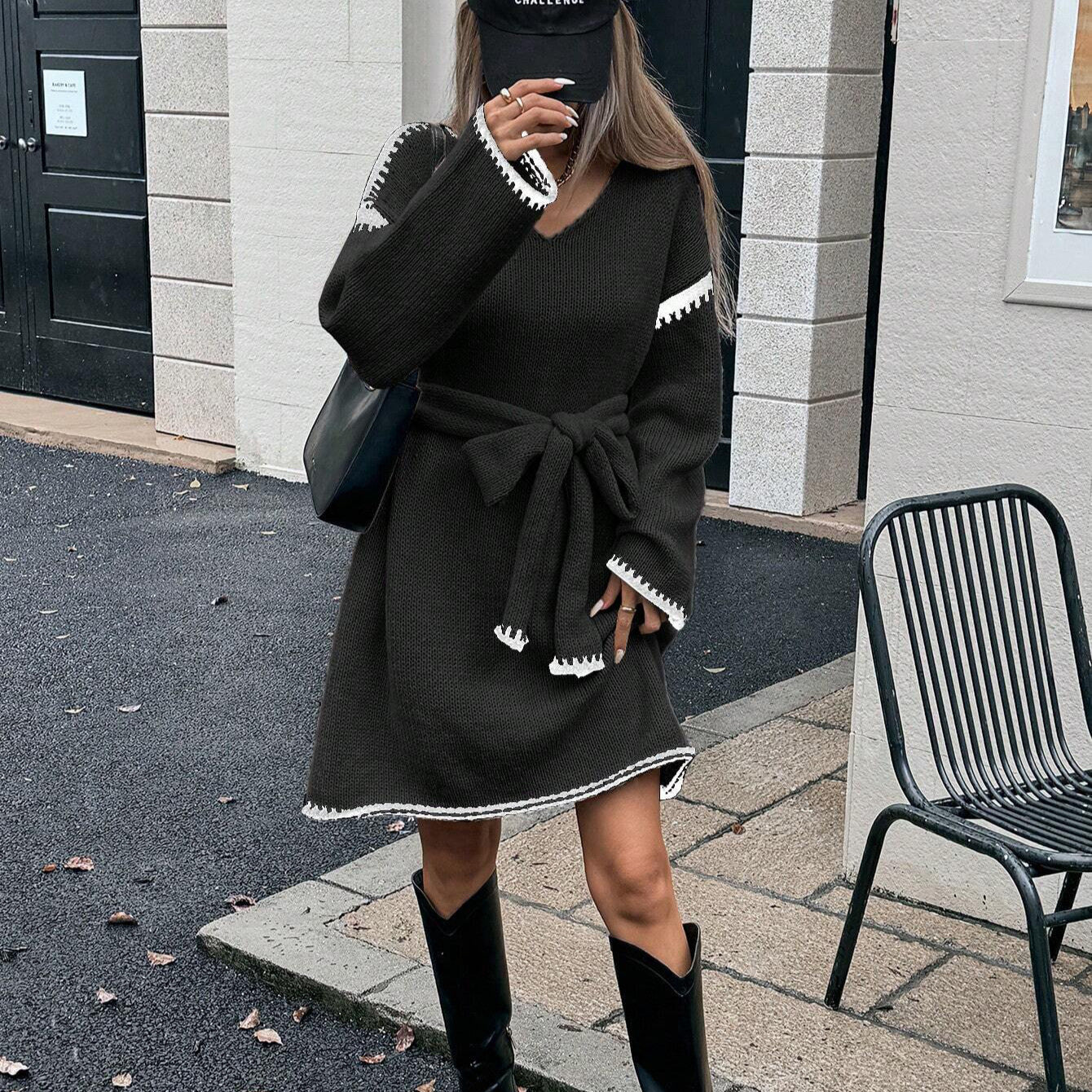 Idle Tie Waist Trimming Loose Knitted V neck Long Sleeve Fall Mid Length Dress Women by Ragazza