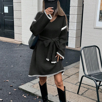Idle Tie Waist Trimming Loose Knitted V neck Long Sleeve Fall Mid Length Dress Women by Ragazza