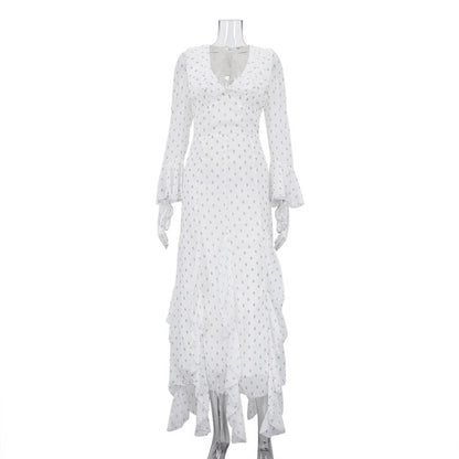 Spring Autumn Digital Printed Chiffon Dress Women Design Ruffled Bell Sleeve High Waist Maxi Dress by Ragazza