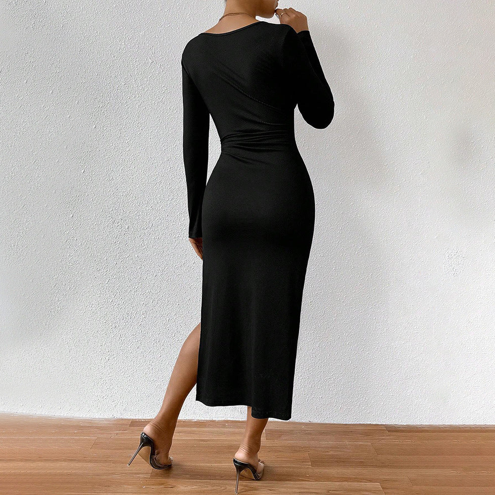 Women Clothing French Elegant Socialite Dress Autumn Winter Square Collar Sexy Slit Slim Midi Dress by Ragazza