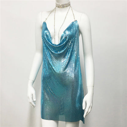 Metallic Coated Fabric Women Clothing Metal Sequ Dress Sexy Sweet Spicy Dress Rhinestone Cami Dress Women by Ragazza