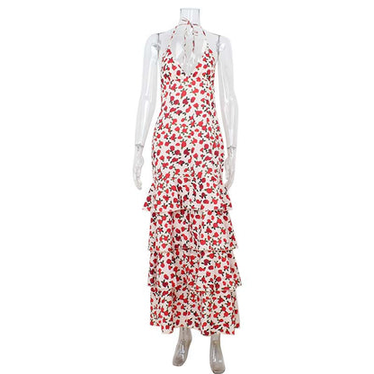 Sexy Bare Back V neck Halter Spring Sexy Sheath Tiered Dress Floral Maxi Dress by Ragazza
