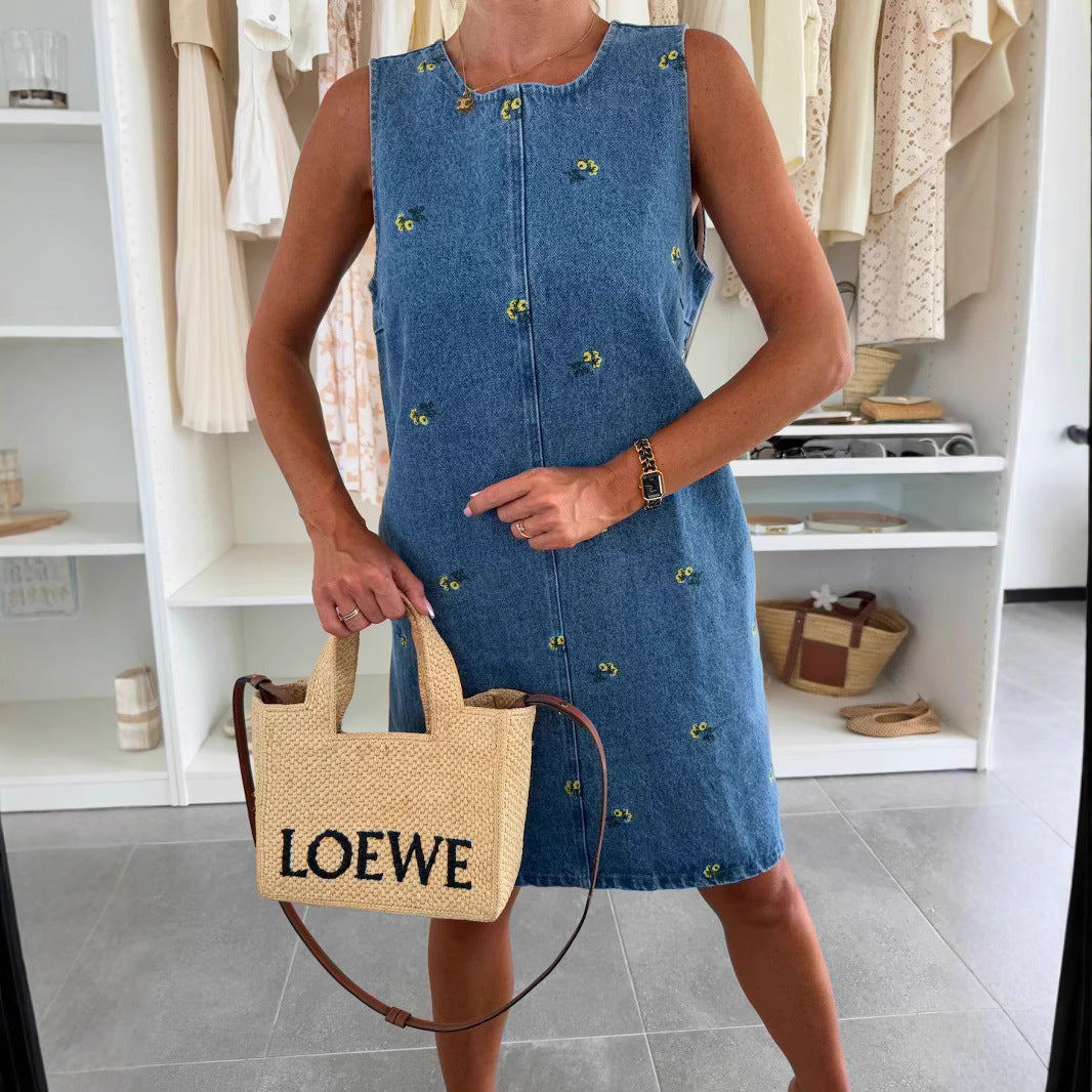 Casual Floral Loose Denim Sleeveless Vest Dress by Ragazza