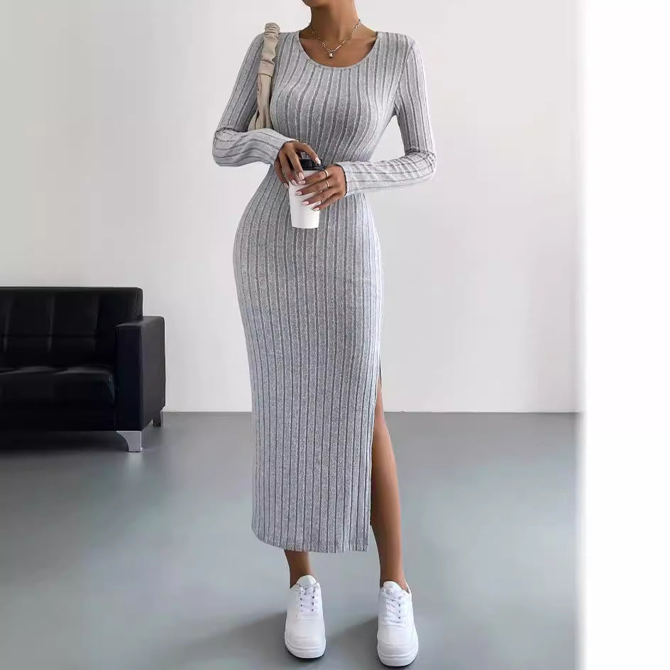 Autumn Winter Long Sleeve Crew Neck Split Knitted Maxi Dress Women by Ragazza