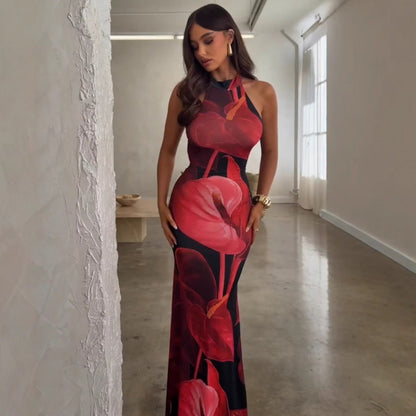 Summer Women Clothing Sexy Print Backless Slim Fit Tight Waist Hip Bag Dress by Ragazza