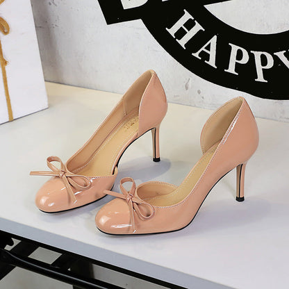 French Sweet Bow Decoration round Toe Shallow Mouth Side Hollow Out Cutout Slip on Stiletto Heel Women Shoes  DestGlow