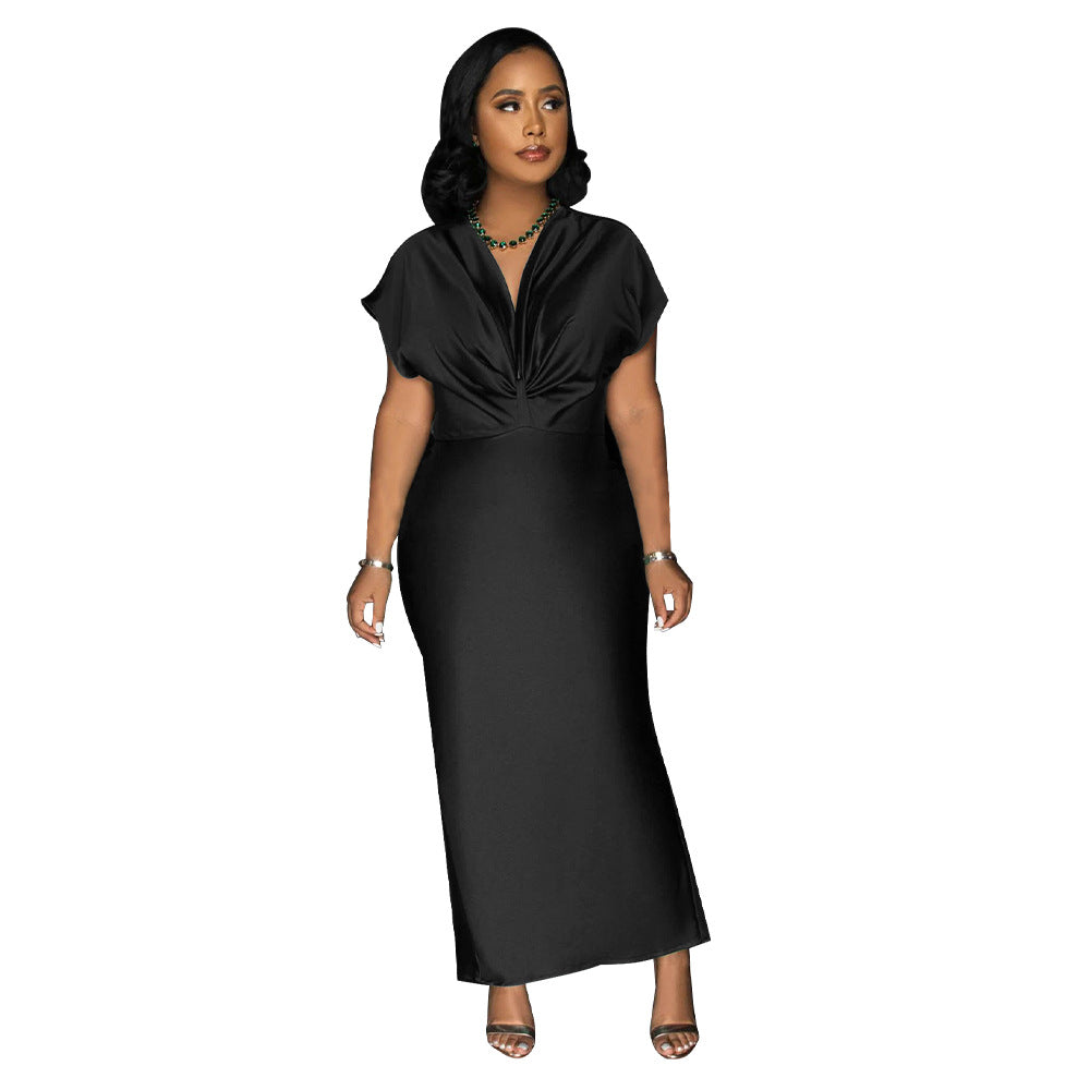 Women Wear V neck Short Sleeve Elegant Slim Back Slit Dress by Ragazza