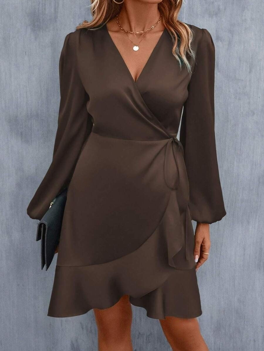 V neck Dress Satin Waist Tight Low Cut Casual Midi Dress Sweet Women Clothing by Ragazza