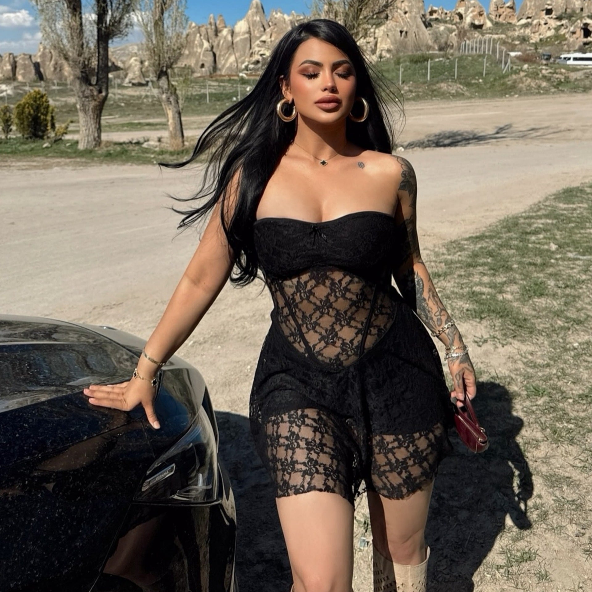Summer Women Sexy Lace Stitching Tube Top Slim Fit See through Dress by Ragazza