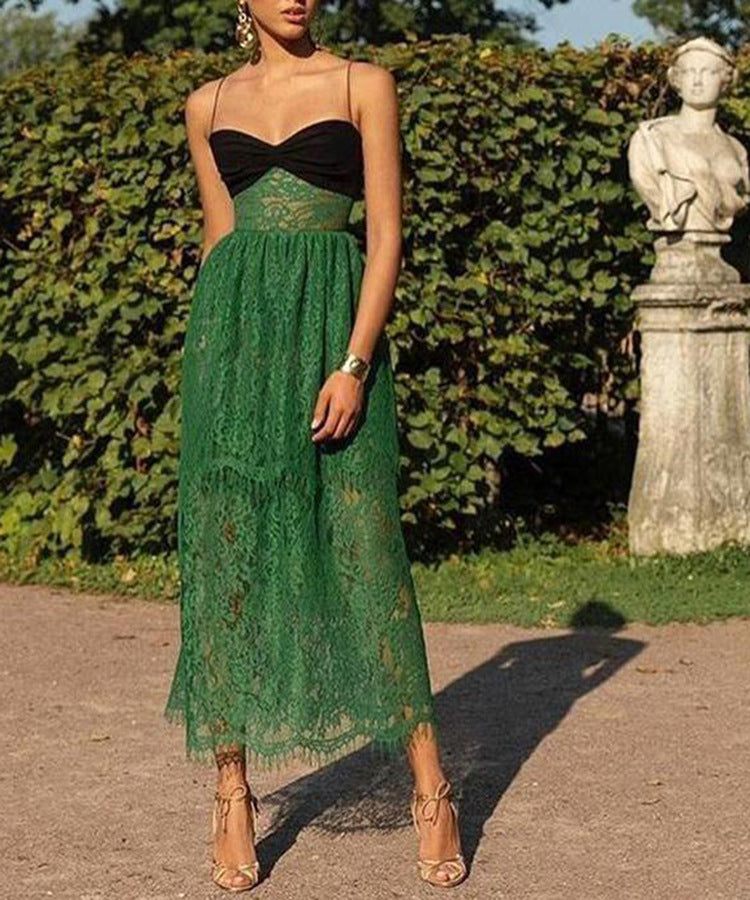 Women Clothing Sexy Suspenders Lace Green Hollow Out Cutout Holiday Mopping Maxi Dress by Ragazza