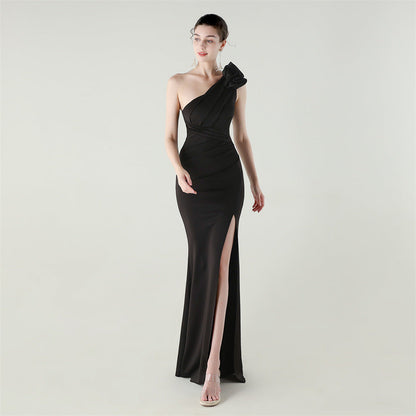 One Shoulder Three Dimensional Floral Satin Folding High Slit Sexy Evening Dress Dinner Wedding Social by Ragazza