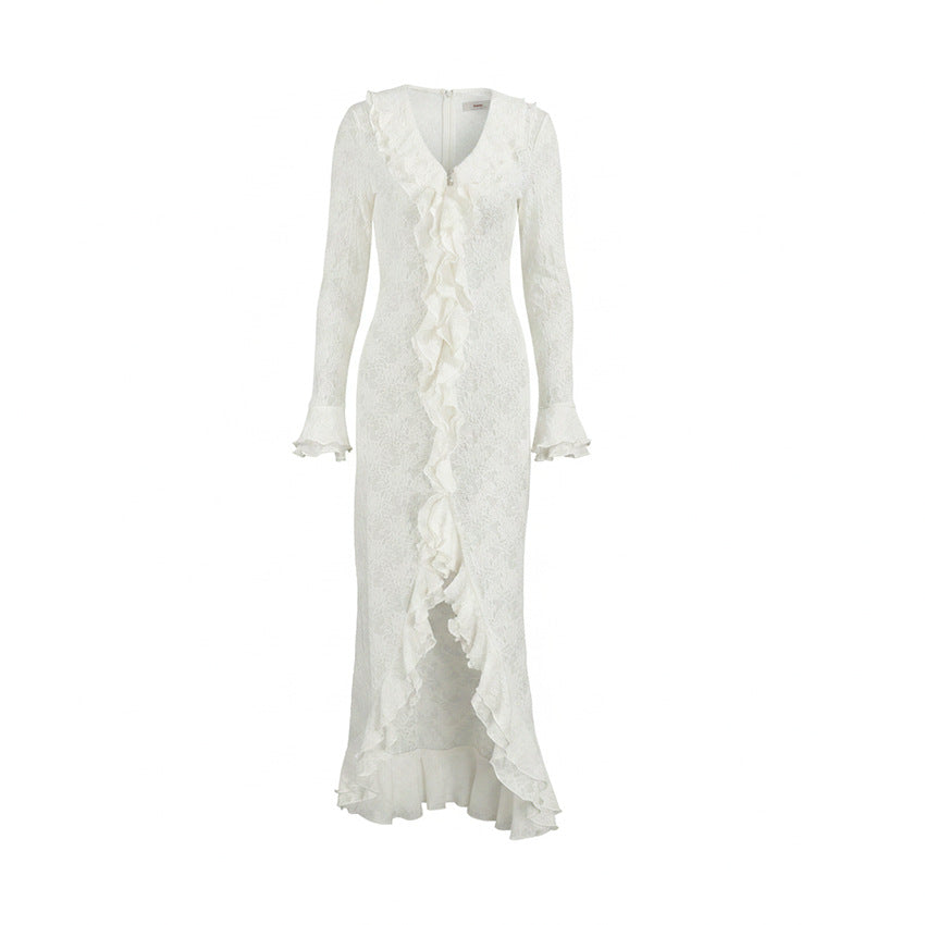 Fall Lace Knitted Stitching Dress Women V neck Slim Fit Polyester Cotton Long Sleeve Irregular Asymmetric Maxi Dress  DestGlow