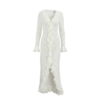 Fall Lace Knitted Stitching Dress Women V neck Slim Fit Polyester Cotton Long Sleeve Irregular Asymmetric Maxi Dress  DestGlow