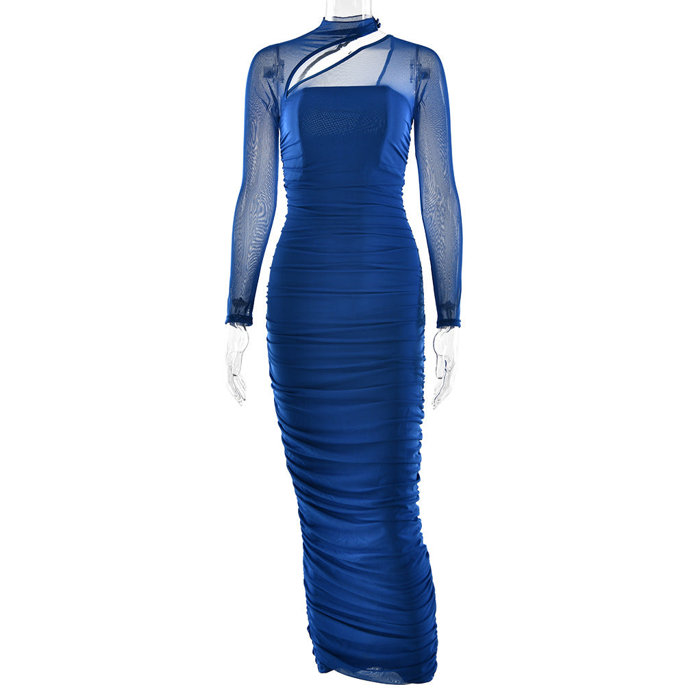 Women Dress Mesh round Neck Long Sleeve Backless Tube Top Slim Fit Pleated Dress by Ragazza