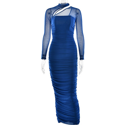 Women Dress Mesh round Neck Long Sleeve Backless Tube Top Slim Fit Pleated Dress by Ragazza