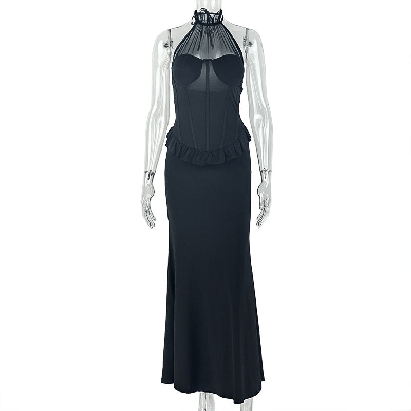 Solid Color Women Slim Pleated Hip Dress Slim Hanging Collar Sleeveless High End Maxi Dress  DestGlow