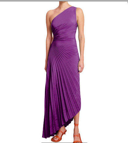 Women Clothing One Shoulder Diagonal Collar Pleated Hollow Out Cutout Dress by Ragazza