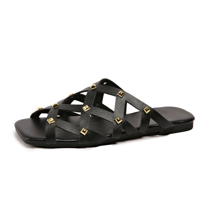 Square Toe Hollow Out Cutout out Rivets Flat Slippers Women Comfort Casual Hollow Out Cutout out Beach Slippers  DestGlow