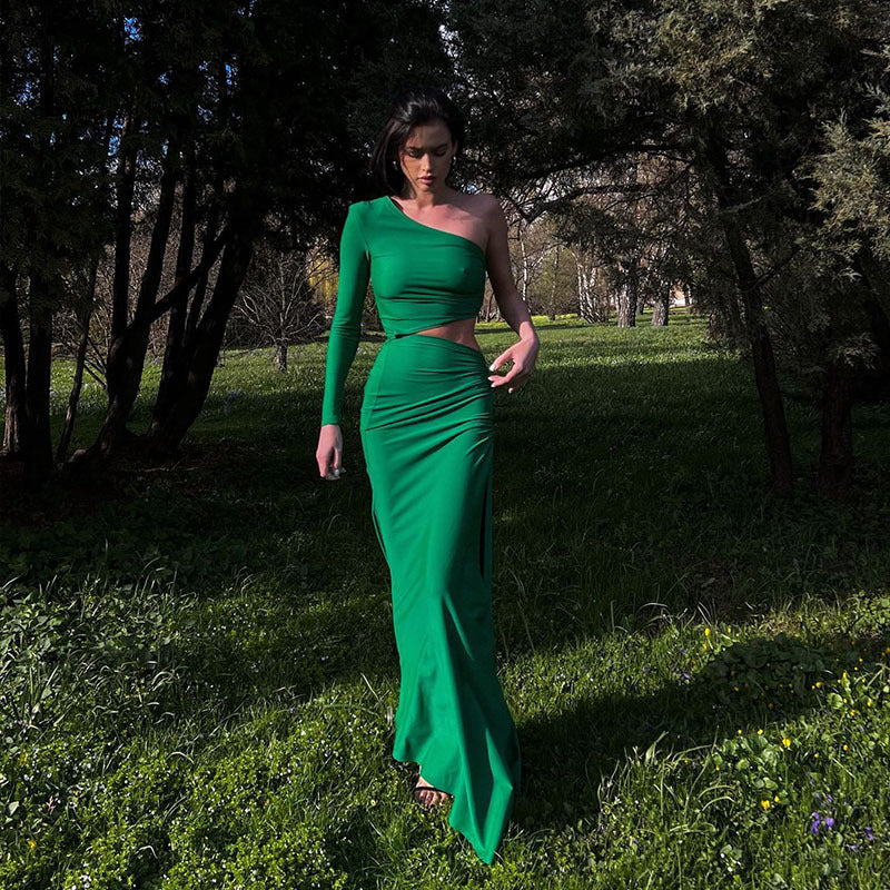 Women Sexy Oblique Shoulder Single Sleeve Pleated Cropped Outfit Split Mid Length Women Dress by Ragazza