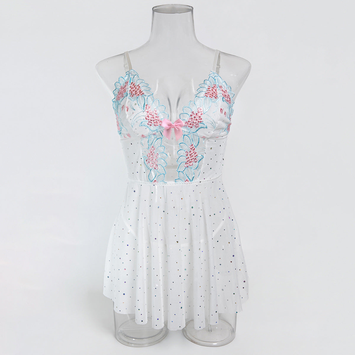 Sexy Underwear Sling Light Blue Embroidery Stitching Shiny Dot Mesh See through Sexy Night Skirt Set Women by Ragazza