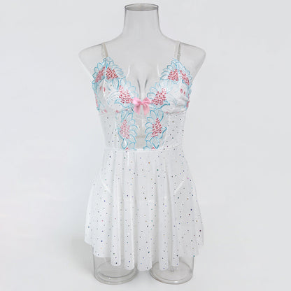 Sexy Underwear Sling Light Blue Embroidery Stitching Shiny Dot Mesh See through Sexy Night Skirt Set Women by Ragazza
