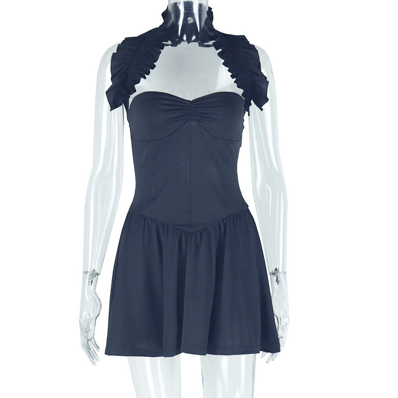 Solid Color Slim Women Clothing Sexy Backless Pleated A line Simple Halter Short Sleeveless Dress by Ragazza