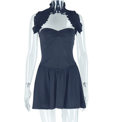 Solid Color Slim Women Clothing Sexy Backless Pleated A line Simple Halter Short Sleeveless Dress by Ragazza
