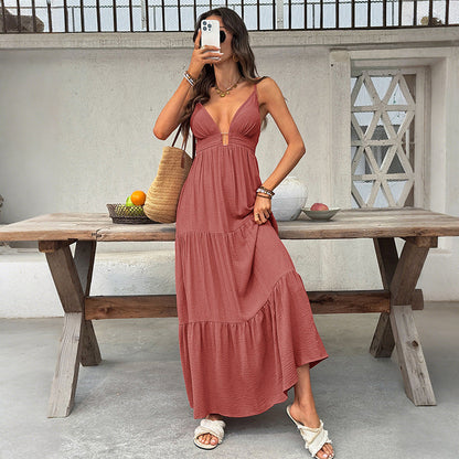 Sexy Vacation Solid Color Deep V Plunge neck Strap Tiered Dress by Ragazza