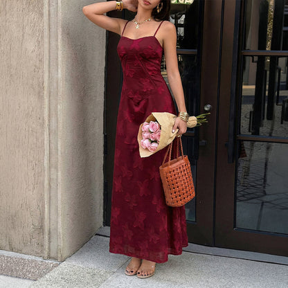 Women Clothing Summer French Vacation Jacquard Strap Waist Dress  DestGlow