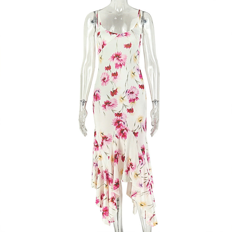 Outing Sweet Women Slim Fit Breathable Printed Cami Dress U Collar Sleeveless Long Dress  DestGlow