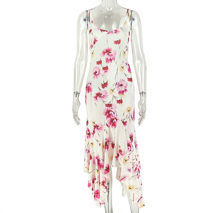 Outing Sweet Women Slim Fit Breathable Printed Cami Dress U Collar Sleeveless Long Dress  DestGlow