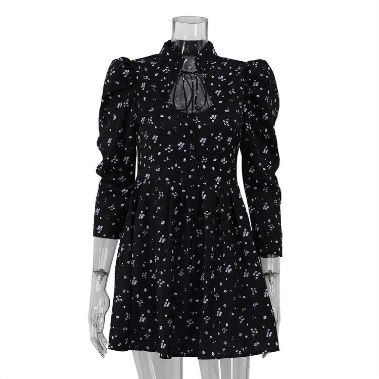 Women Clothing Floral Short Dress Women pirational Design Stylish Stand up Collar Tie Three Quarter Sleeve High Waist A line Dress by Ragazza