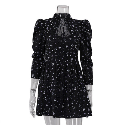 Women Clothing Floral Short Dress Women pirational Design Stylish Stand up Collar Tie Three Quarter Sleeve High Waist A line Dress by Ragazza