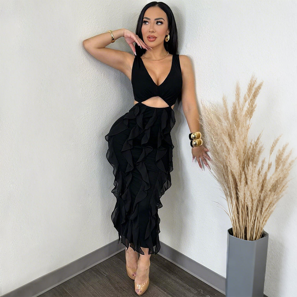 Women Clothing Sexy V neck Sleeveless Cut-out Ruffled Solid Color Split Dress by Ragazza