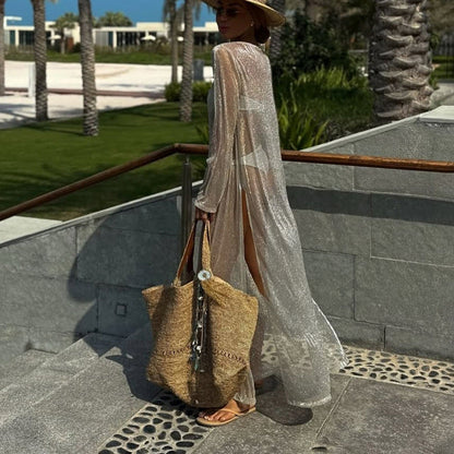 Women Clothing See through round Neck Long Sleeve Split Sun Protection Sexy Dress by Ragazza