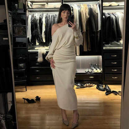 Autumn Winter Women Clothing Cross Shoulder Bag Hip Long Sleeve Dress Party Comfortable Keep Warm Solid Color Gentle Maxi Dress by Ragazza